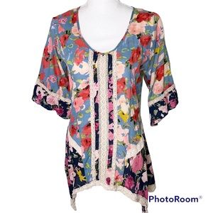 James Bryan Floral Bohemian Peasant Crochet Lace Top Size Medium